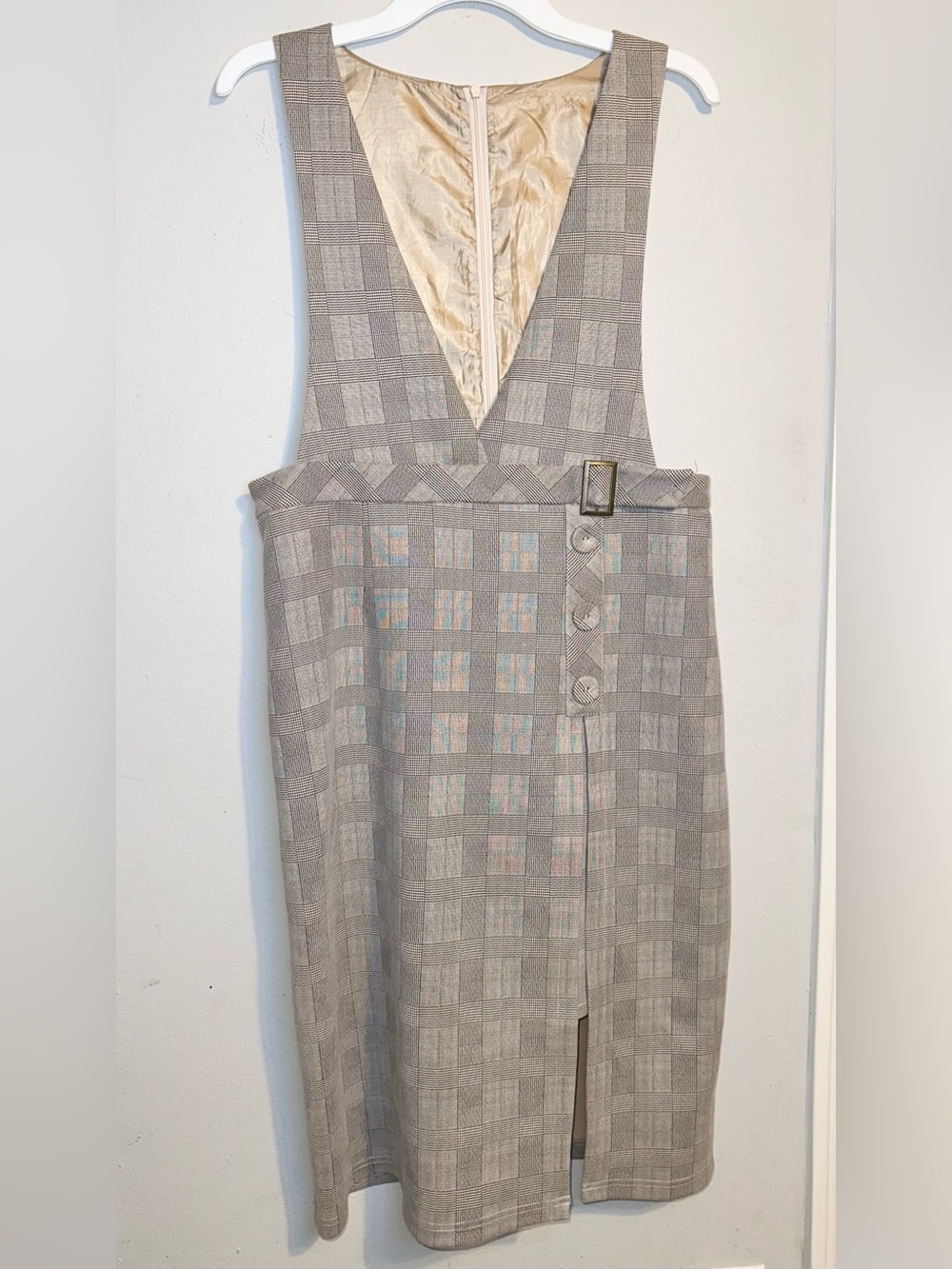 Beige Gray Plaid Sleeveless Dress with Button Detail